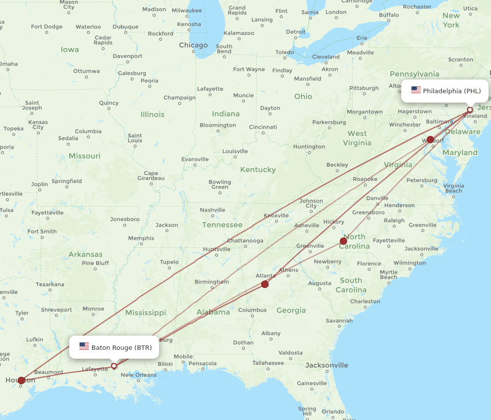 BTR-PHL flight routes