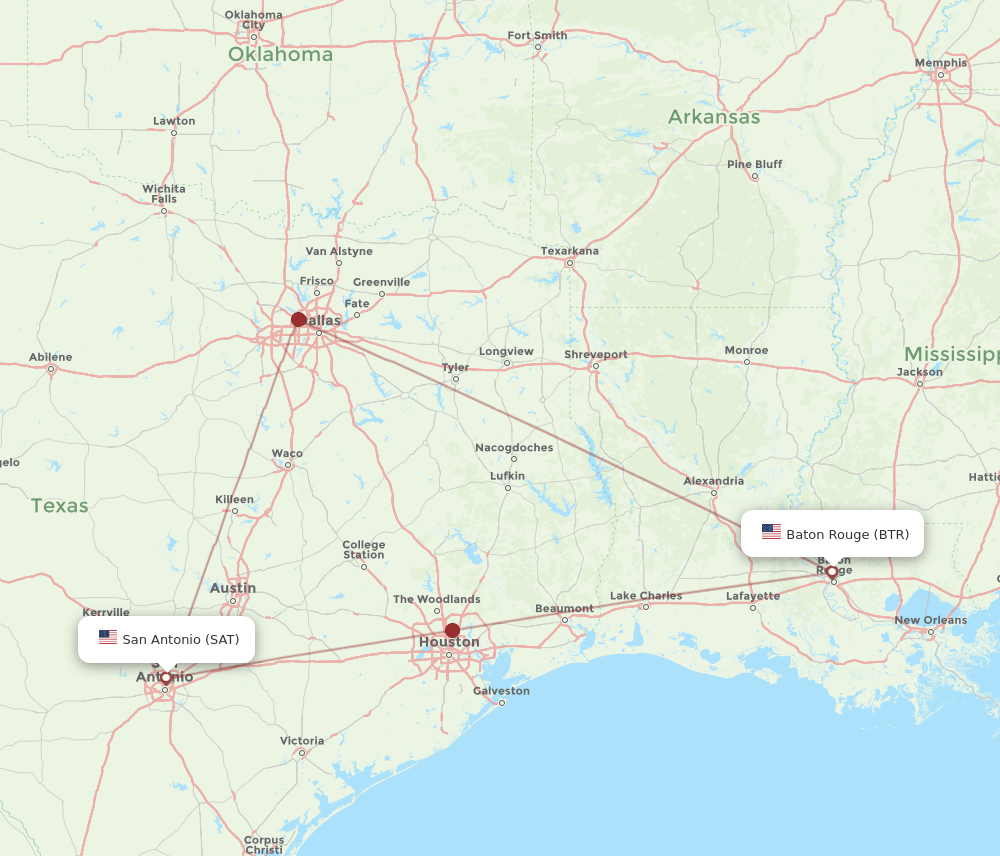 BTR to SAT flights and routes map