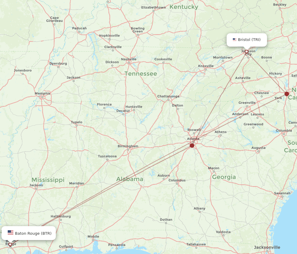 BTR to TRI flights and routes map