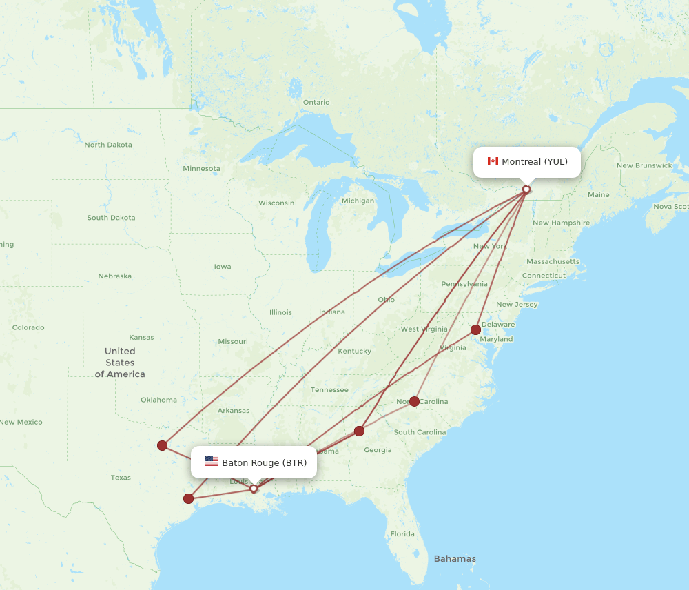 BTR-YUL flight routes