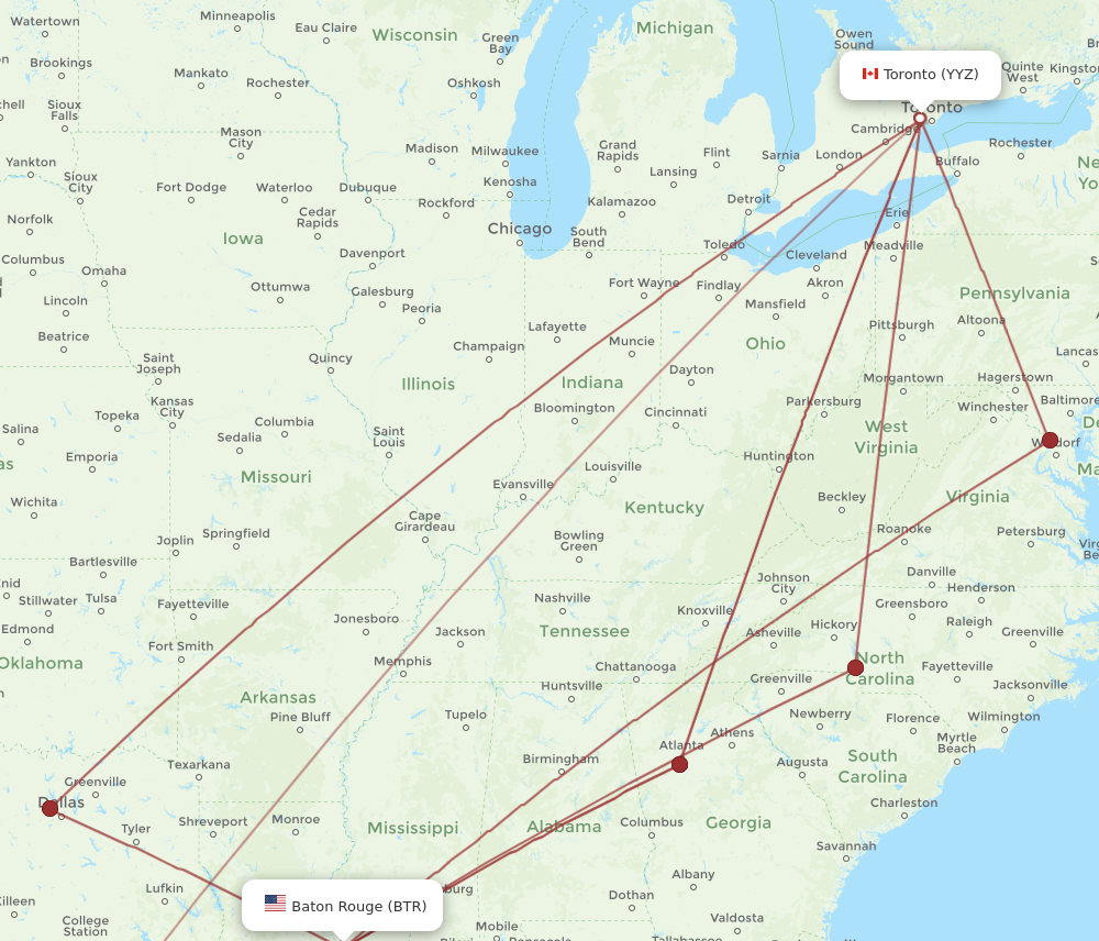 BTR to YYZ flights and routes map