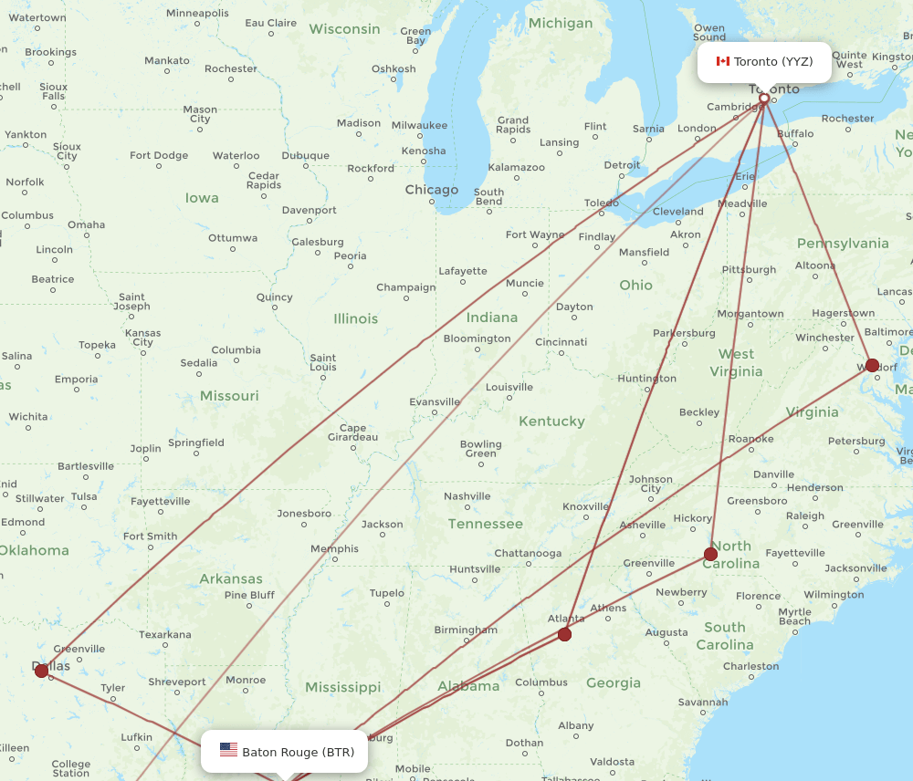 BTR-YYZ flight routes