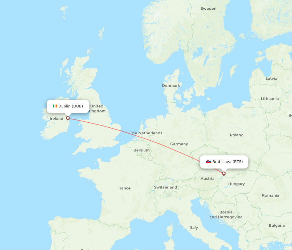 Bratislava - Dublin route map and flight paths