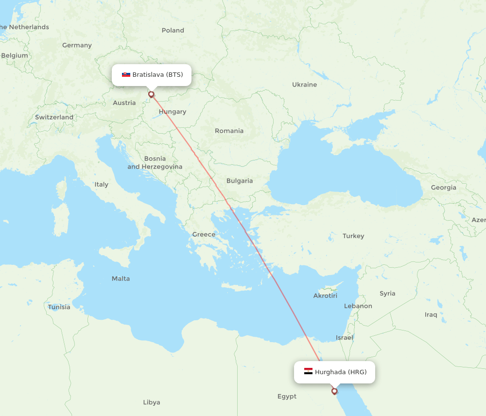 Bratislava - Hurghada route map and flight paths