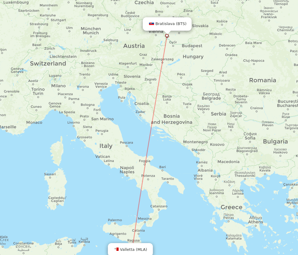 Bratislava - Malta route map and flight paths