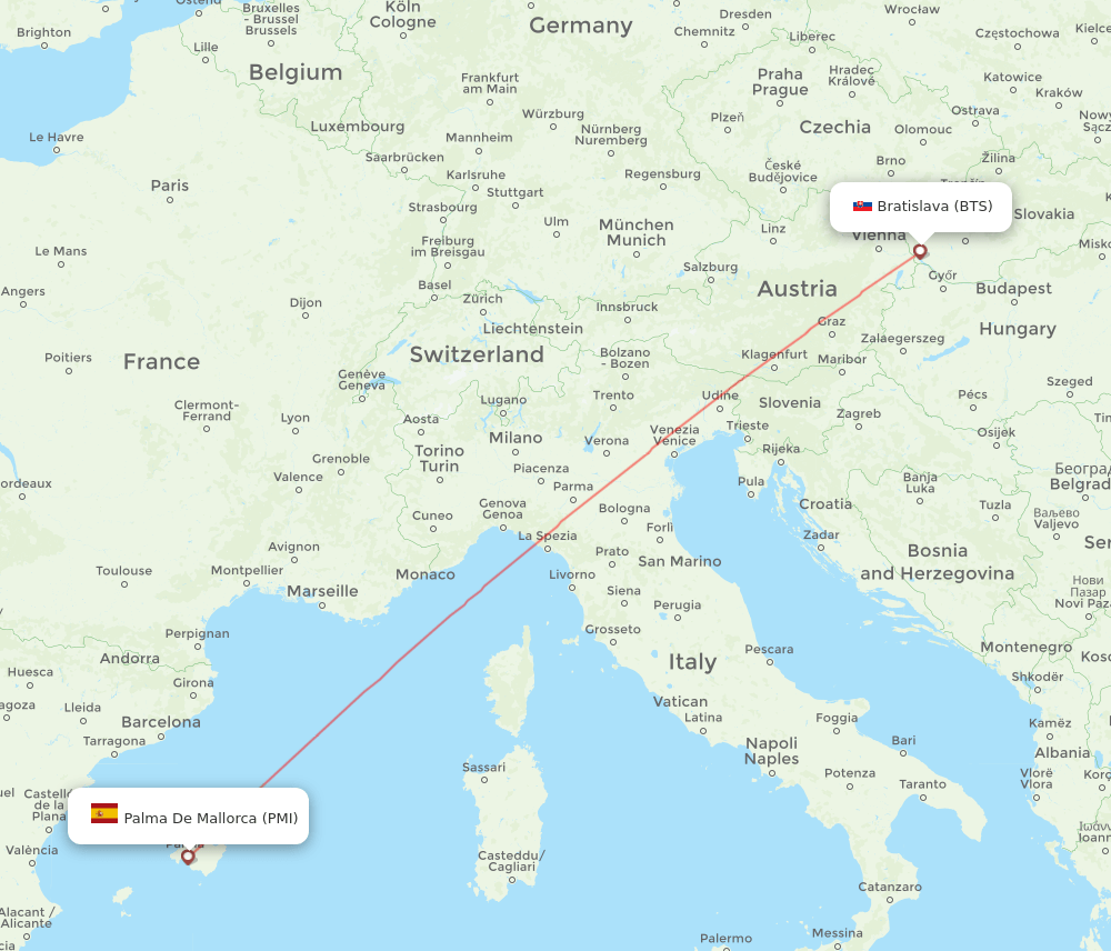 Palma de Mallorca - Bratislava route map and flight paths