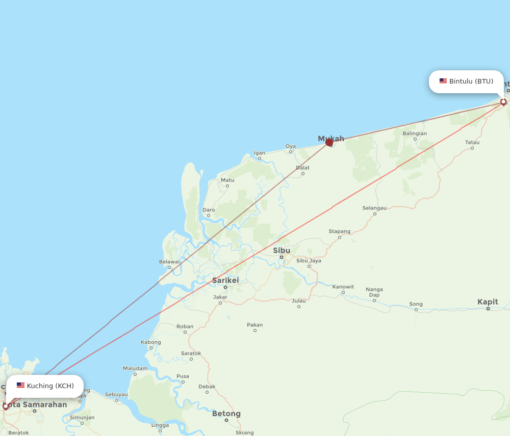 BTU to KCH flights and routes map