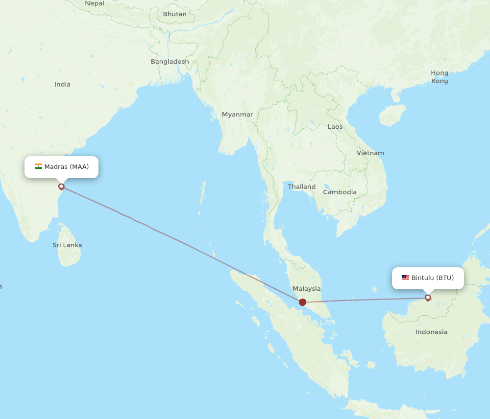 Bintulu - Chennai route map and flight paths