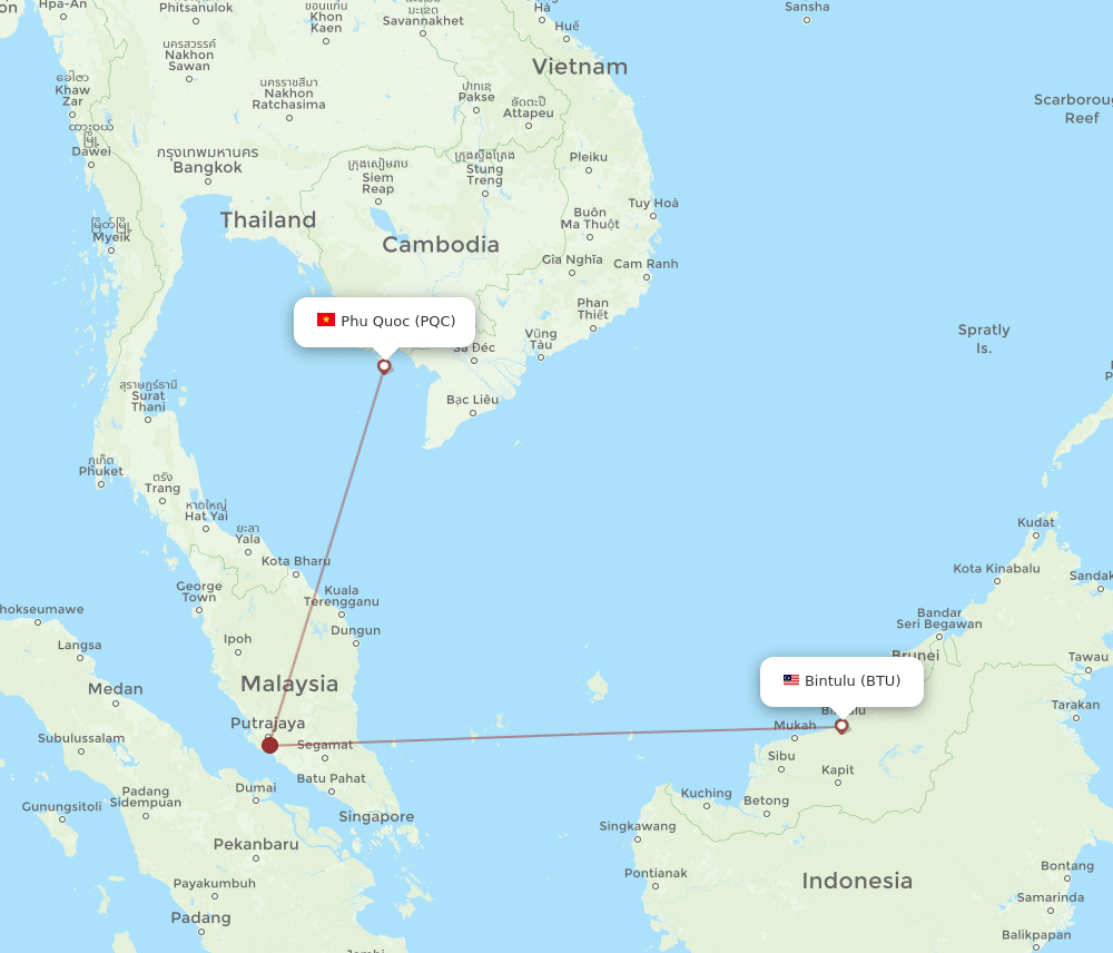 Phu Quoc - Bintulu route map and flight paths