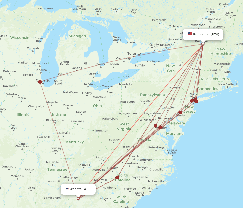 BTV to ATL flights and routes map