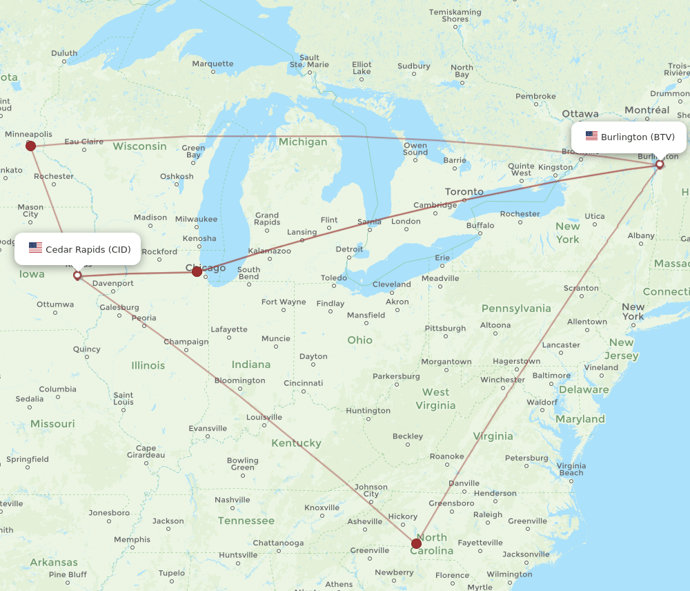 BTV-CID flight routes