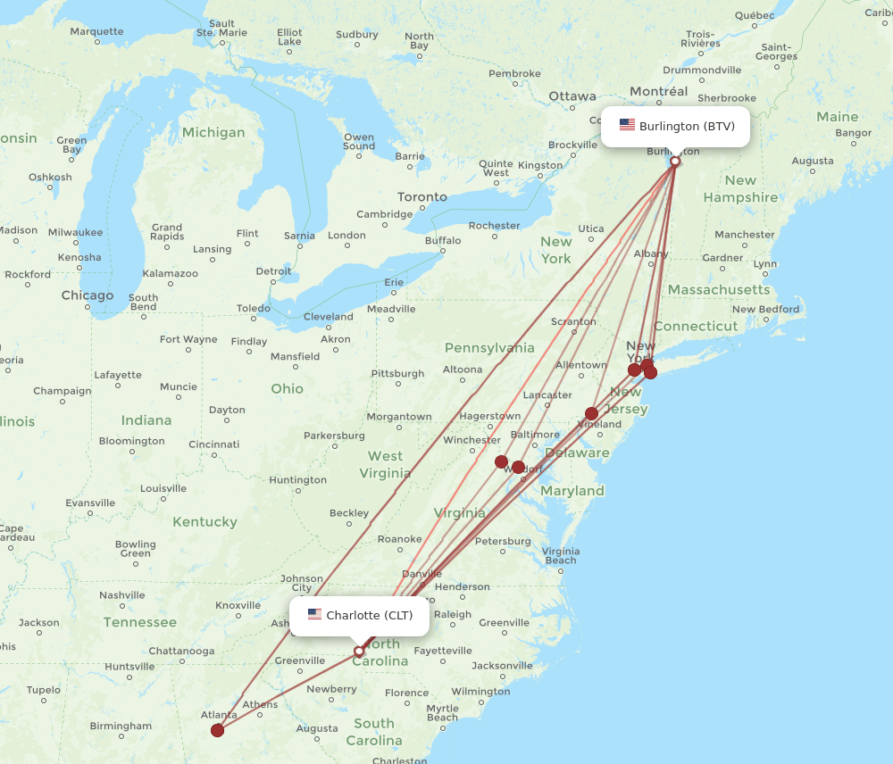BTV-CLT flight routes