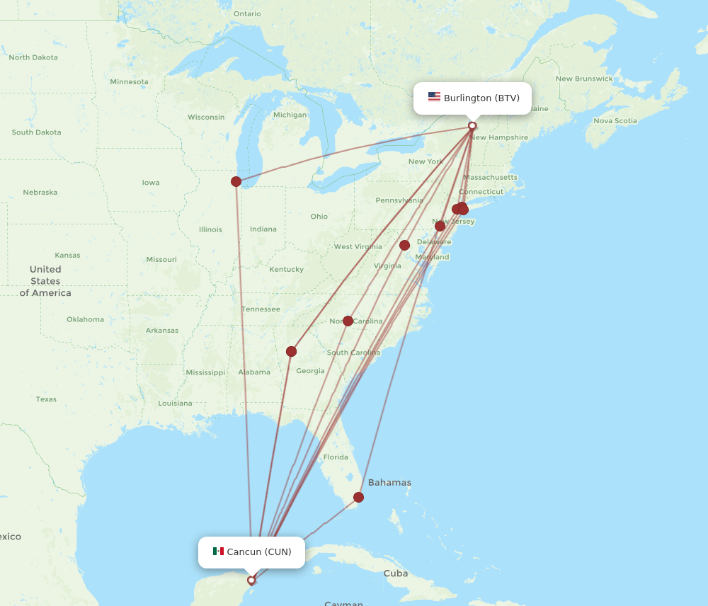 BTV-CUN flight routes