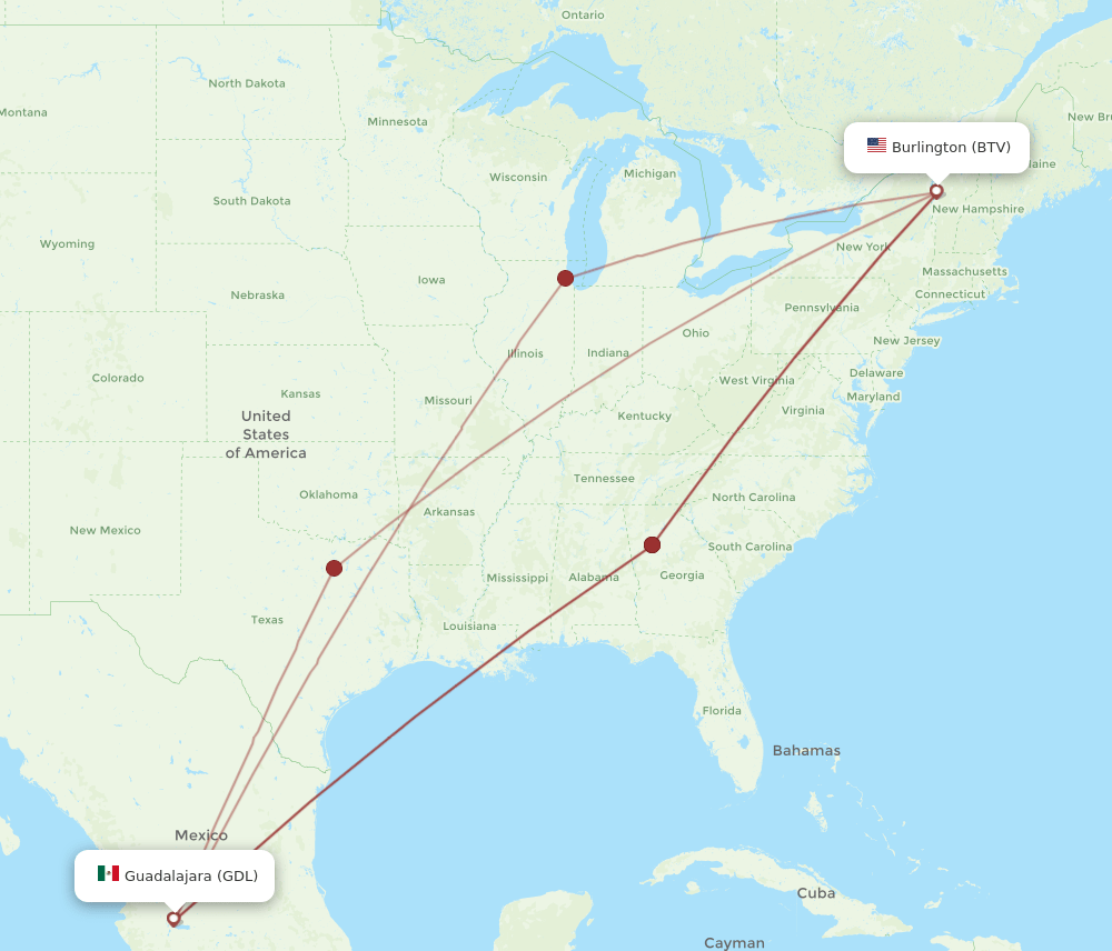 BTV-GDL flight routes