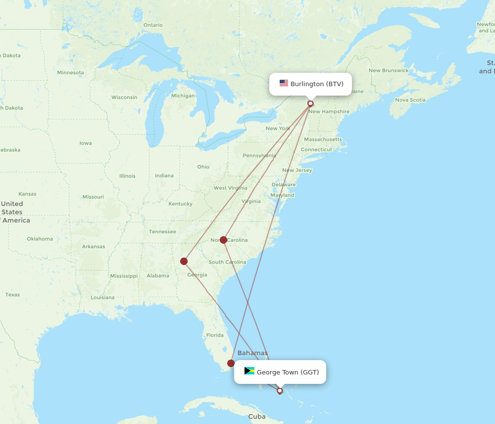 BTV to GGT flights and routes map