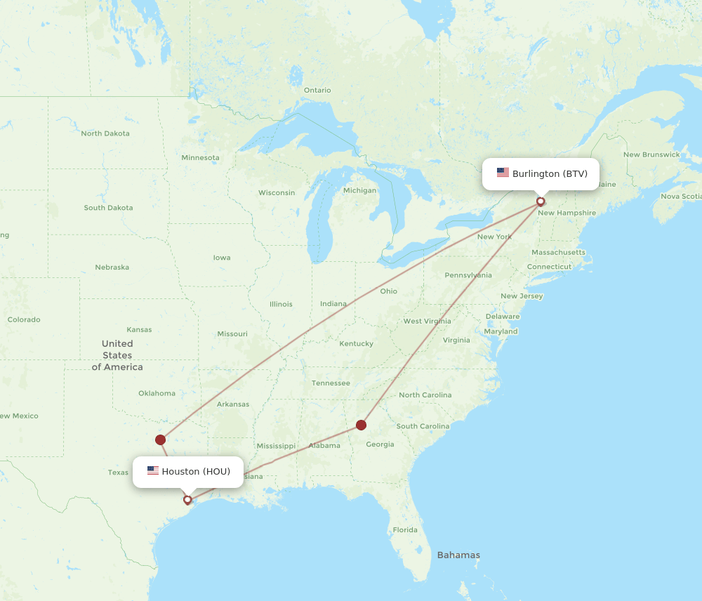 BTV to HOU flights and routes map
