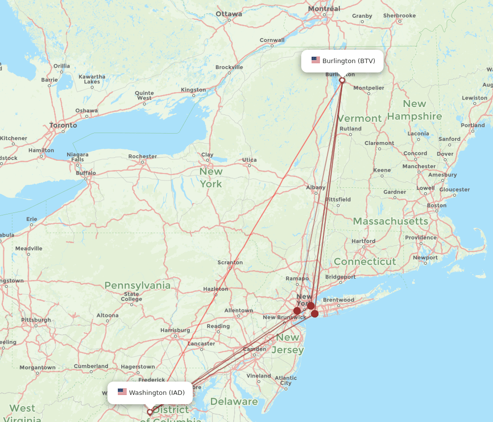 BTV to IAD flights and routes map