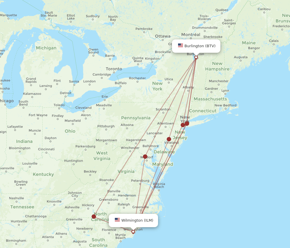 BTV to ILM flights and routes map