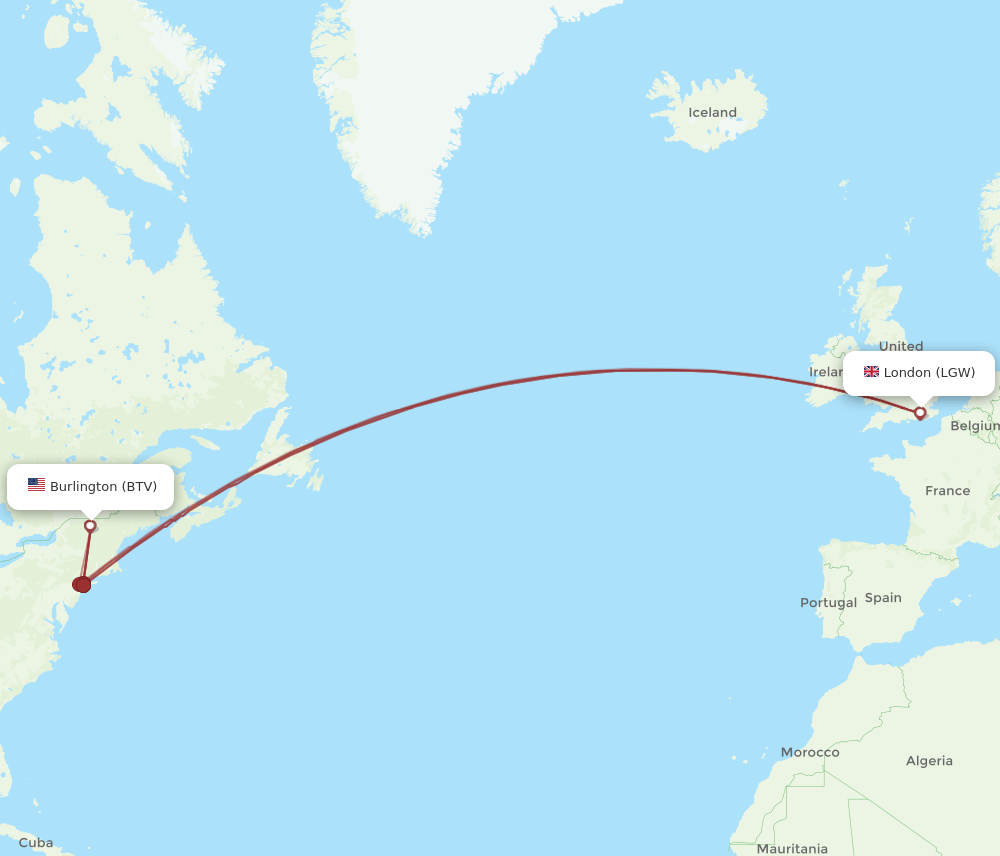 BTV to LGW flights and routes map