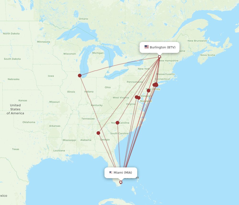 BTV-MIA flight routes