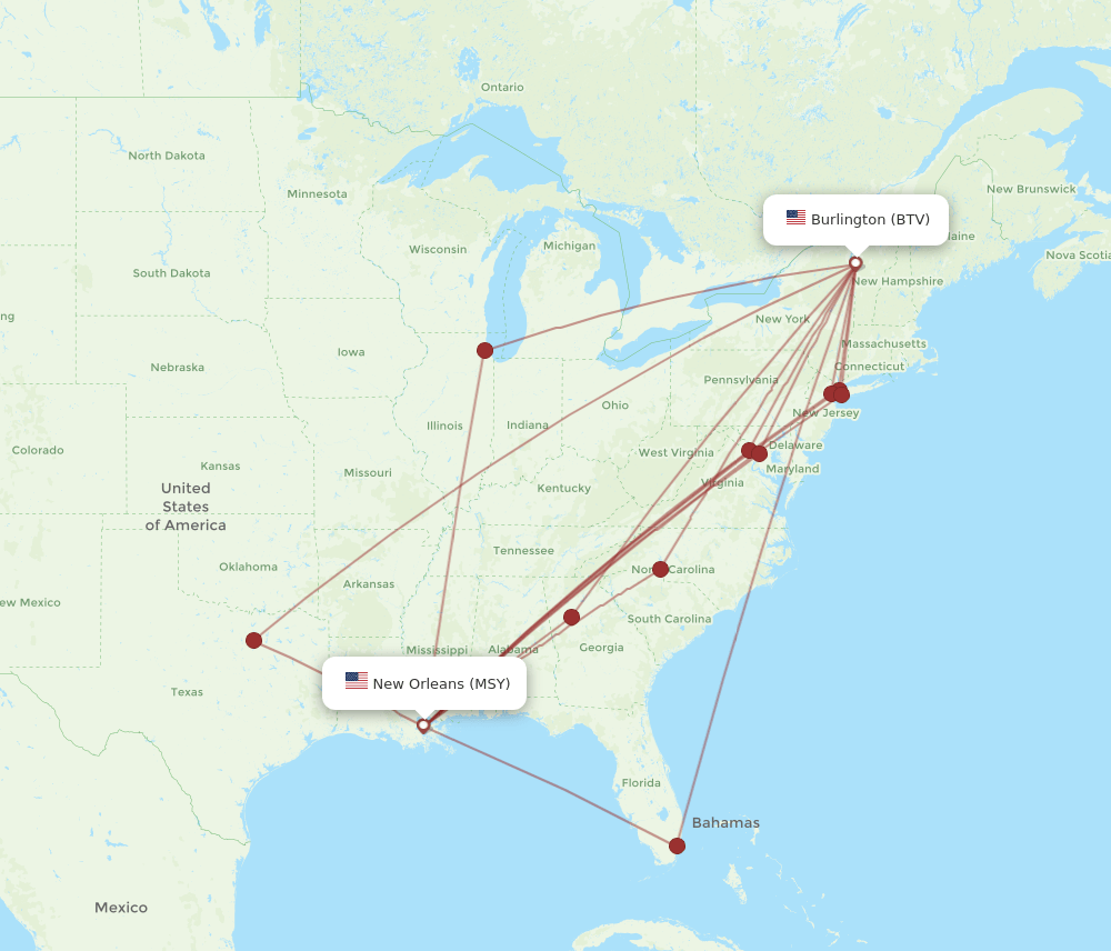 BTV-MSY flight routes