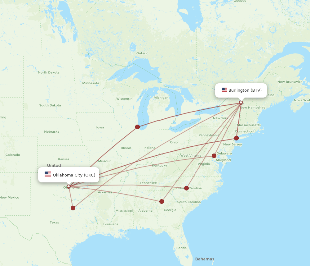 BTV-OKC flight routes