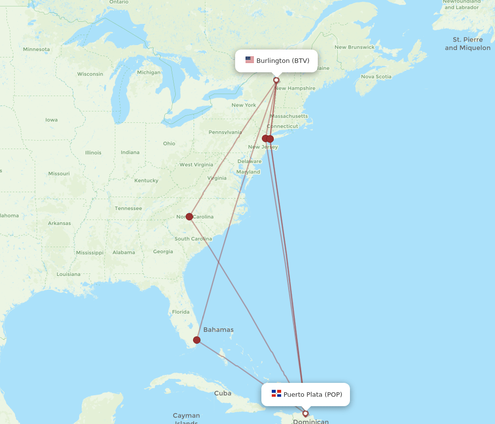 BTV to POP flights and routes map