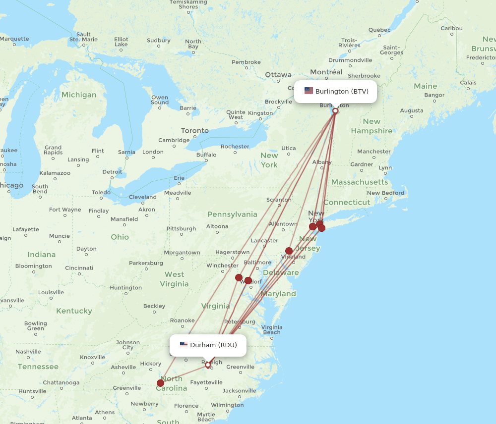 BTV-RDU flight routes