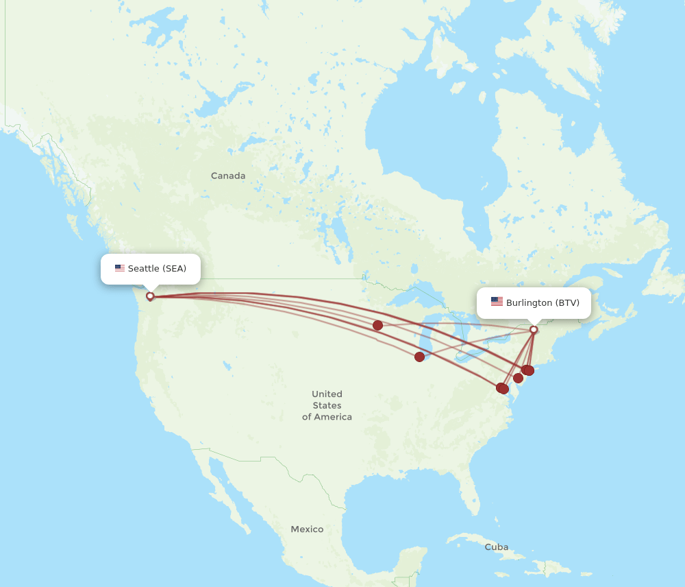 BTV to SEA flights and routes map