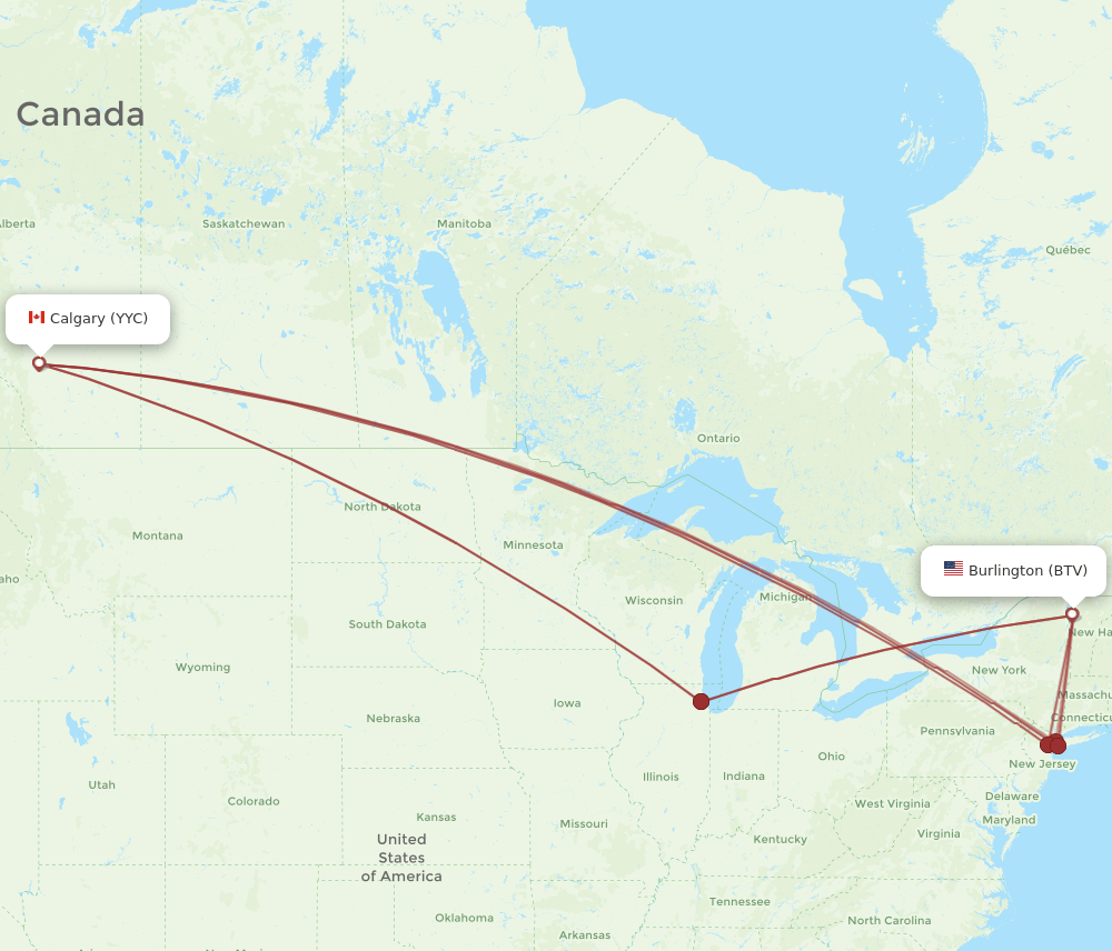 Calgary - Burlington route map and flight paths