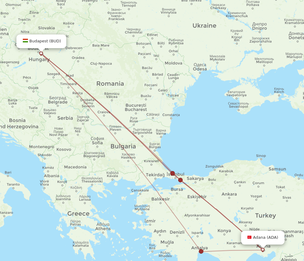 BUD to ADA flights and routes map
