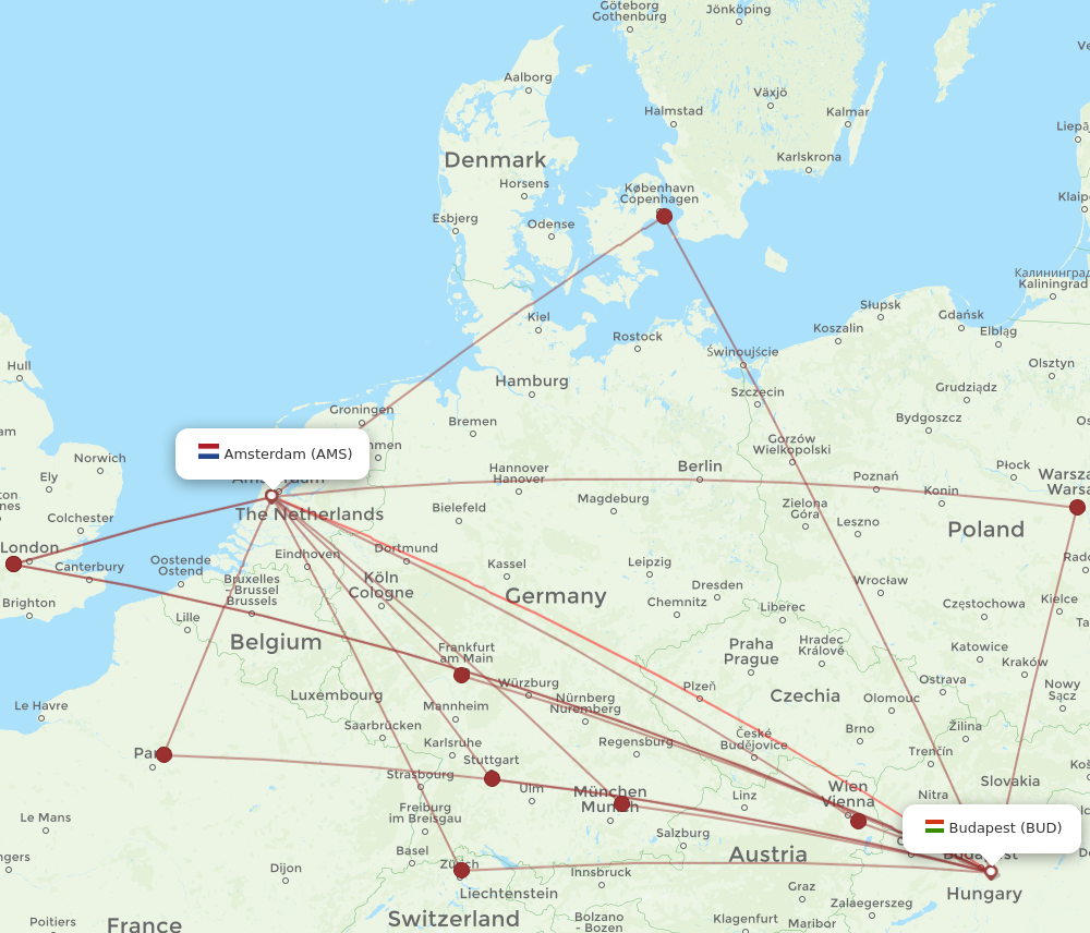 BUD to AMS flights and routes map