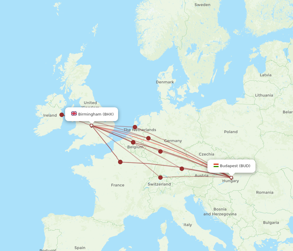 BUD to BHX flights and routes map