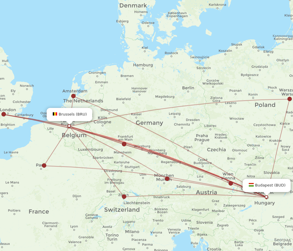 BUD to BRU flights and routes map