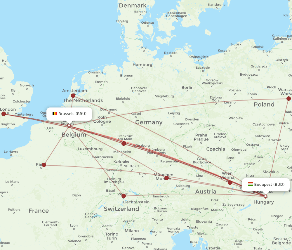 BUD to BRU flights and routes map