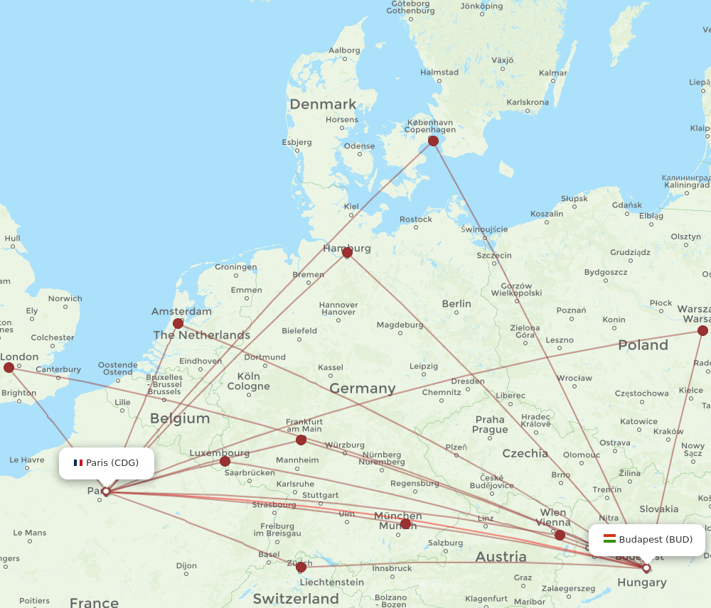 BUD to CDG flights and routes map