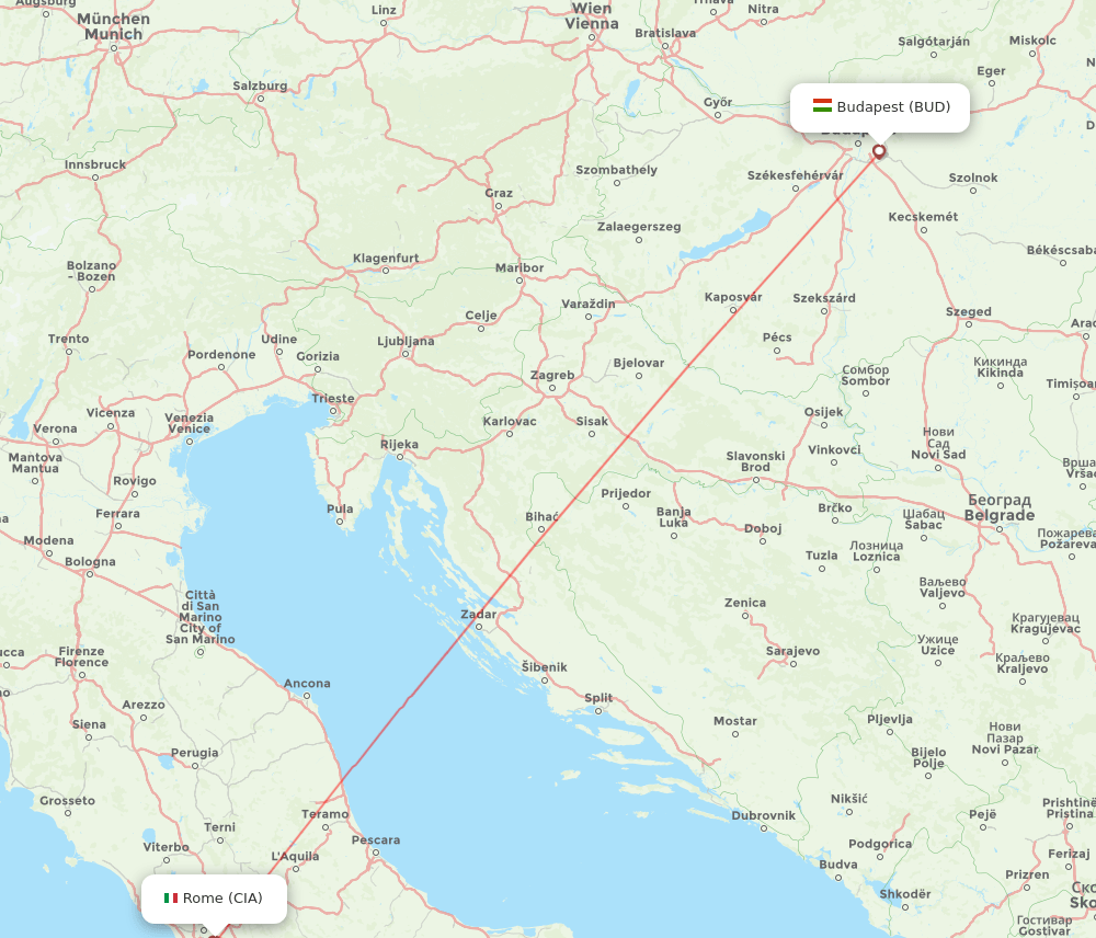 Budapest - Rome route map and flight paths