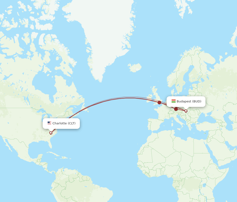 BUD to CLT flights and routes map