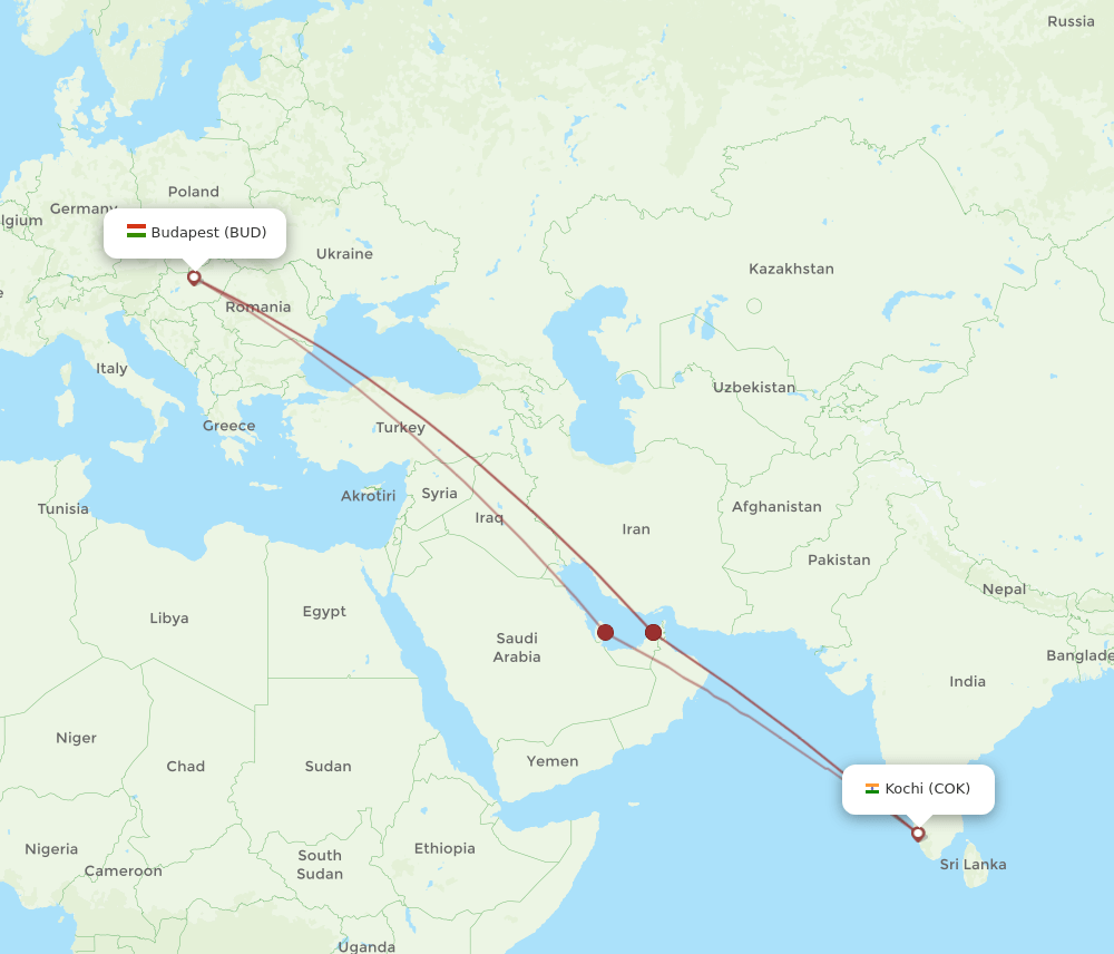 BUD to COK flights and routes map