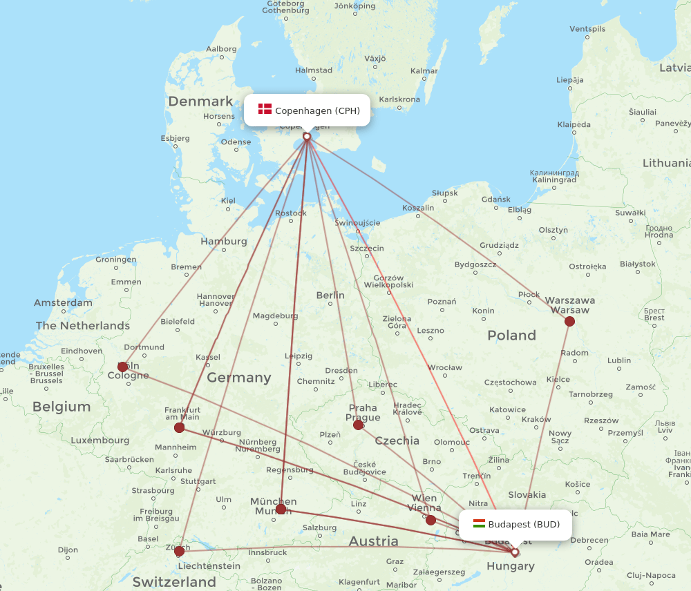 BUD to CPH flights and routes map