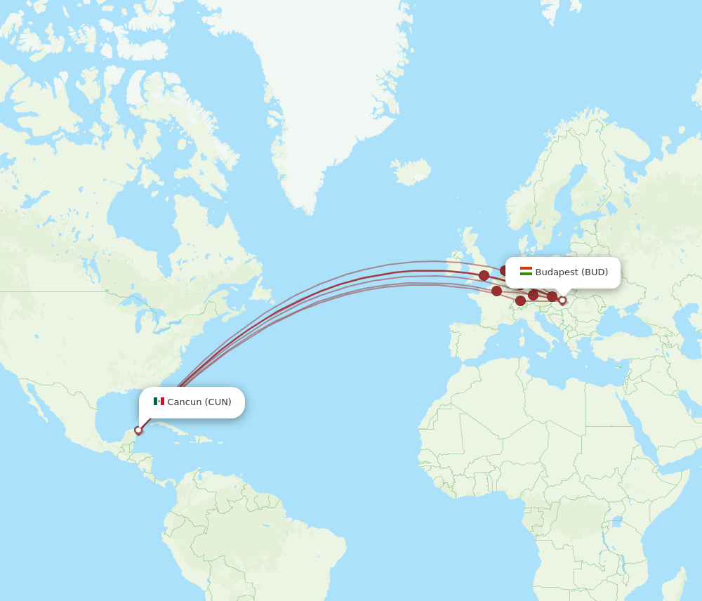 BUD-CUN flight routes