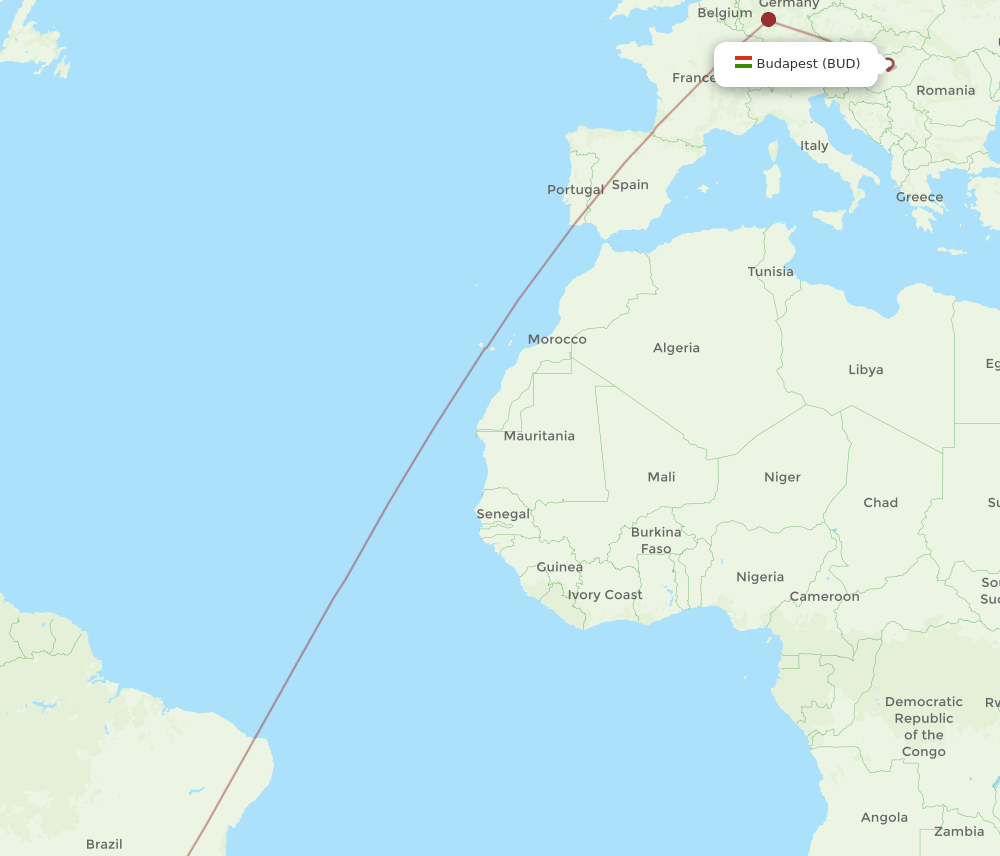 Curitiba - Budapest route map and flight paths