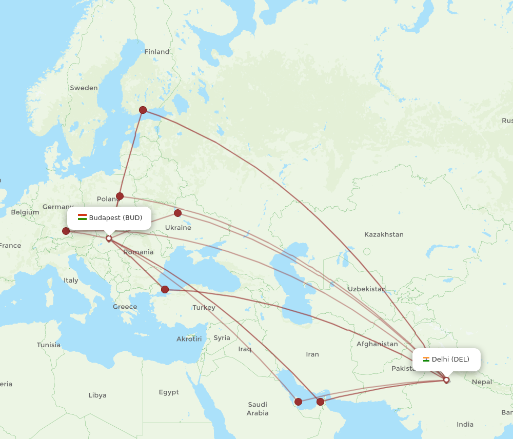 BUD to DEL flights and routes map