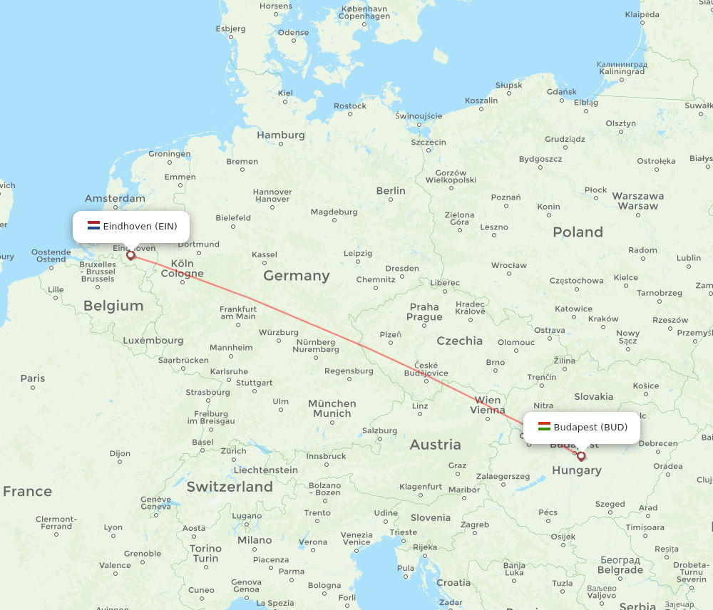Budapest - Eindhoven route map and flight paths