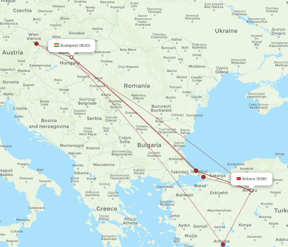 BUD to ESB flights and routes map