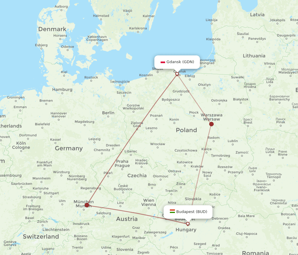 BUD-GDN flight routes