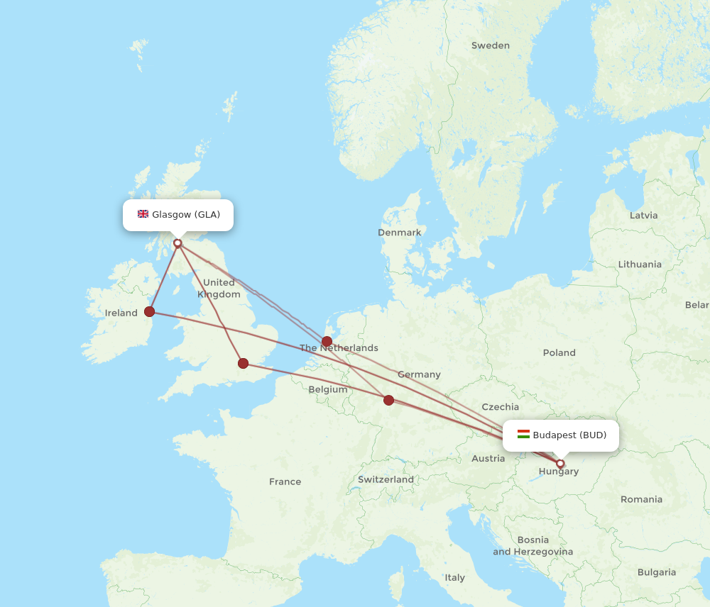 BUD to GLA flights and routes map