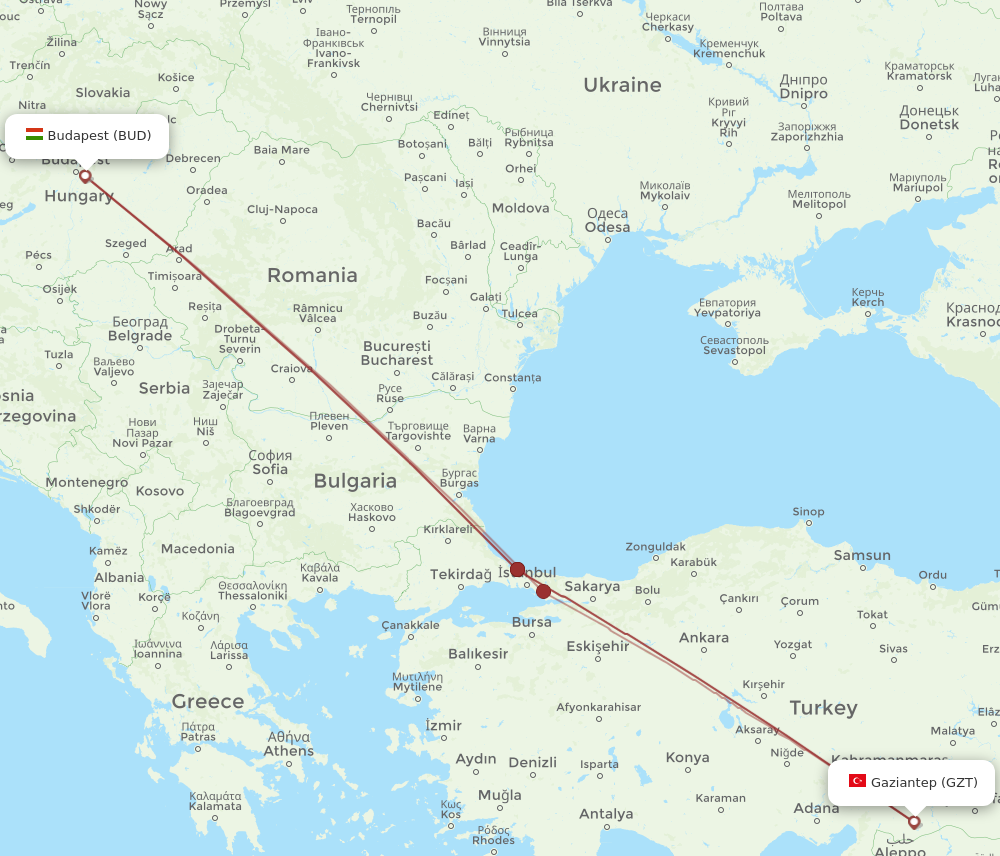 BUD to GZT flights and routes map