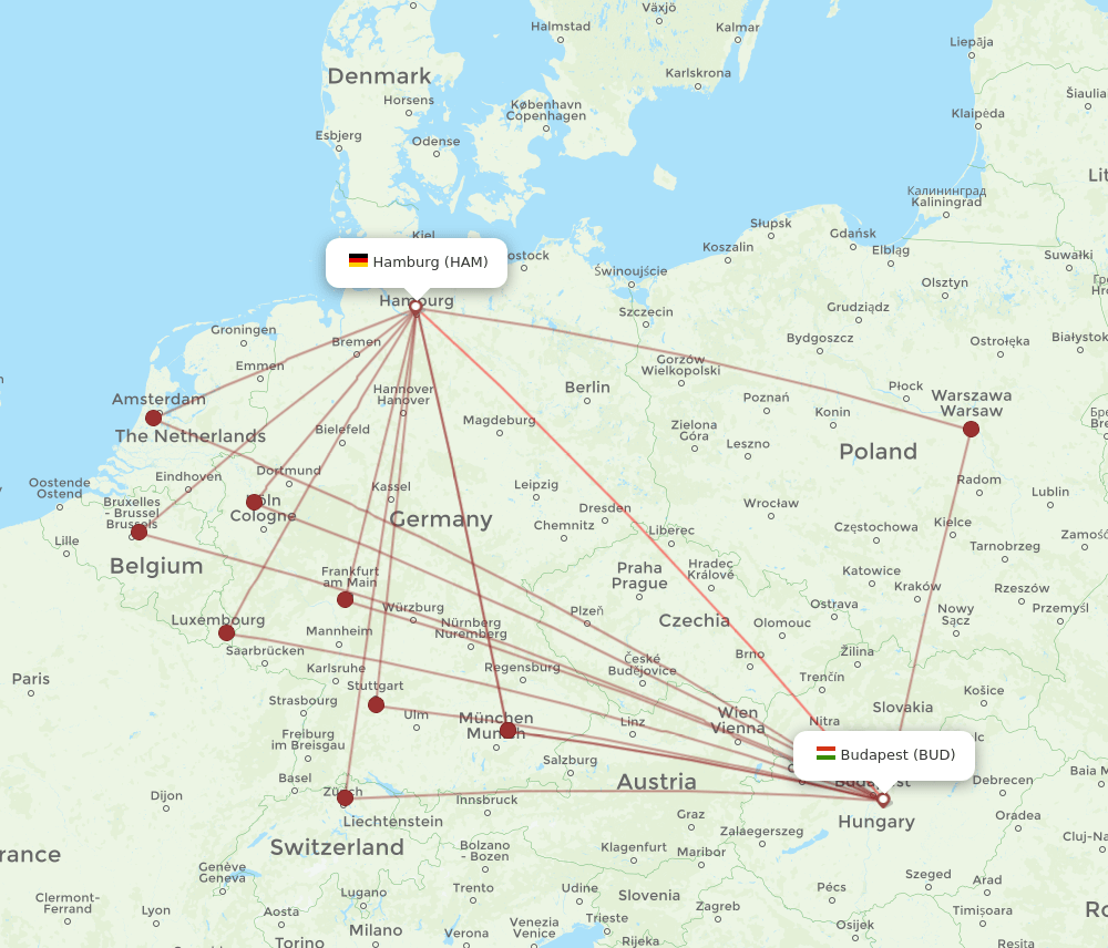 BUD to HAM flights and routes map