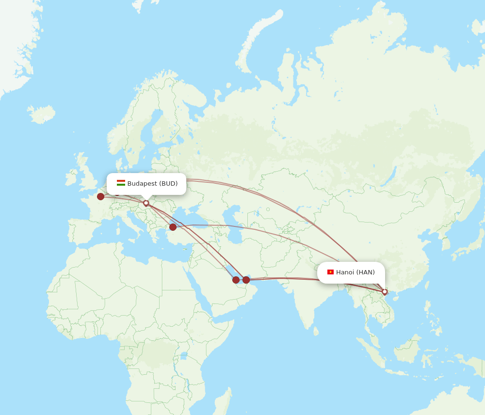 BUD to HAN flights and routes map
